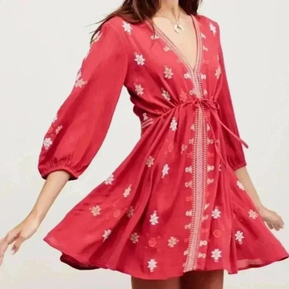 Free People Embroidered Bohemian Drawstring Waist Mini Dress‎ SZ XS - Picture 1 of 16